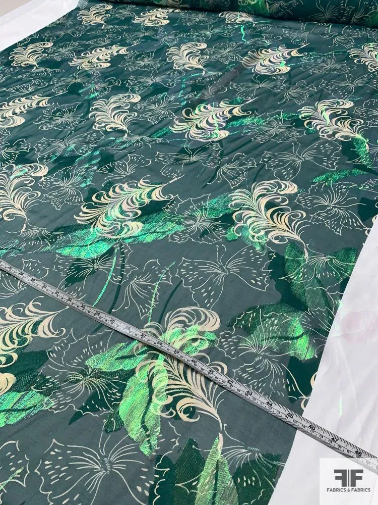 Anna Sui Butterfly and Feather Printed Silk Chiffon with Green Lurex - Forest Green / Cream / Green