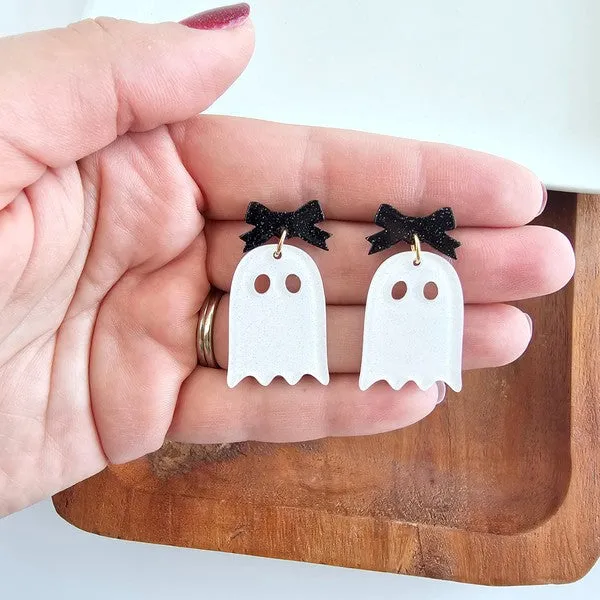 Bow Ghost Earrings - White Glitter