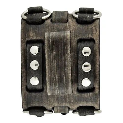 Double Ring Distressed Charcoal Leather Triple Strap Cuff FWB