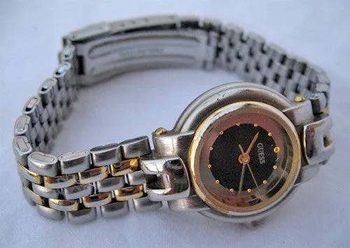 GUESS Gold Silver Tone Mirror Black Dial Womens Wristwatch WATCH Ladies Watches Analog