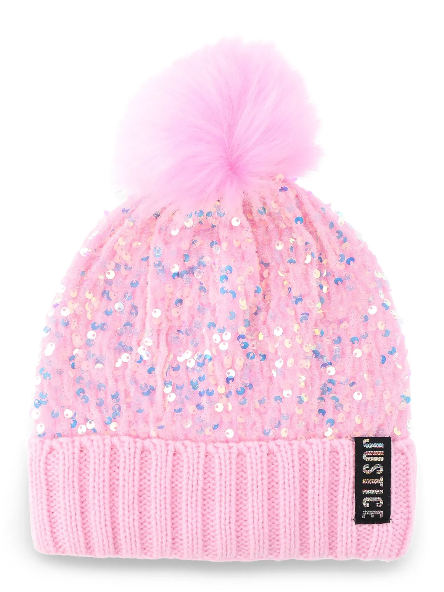 Justice Girls Sequin Beanie Hat with Pom and Gloves, 2-Piece Set, Pink