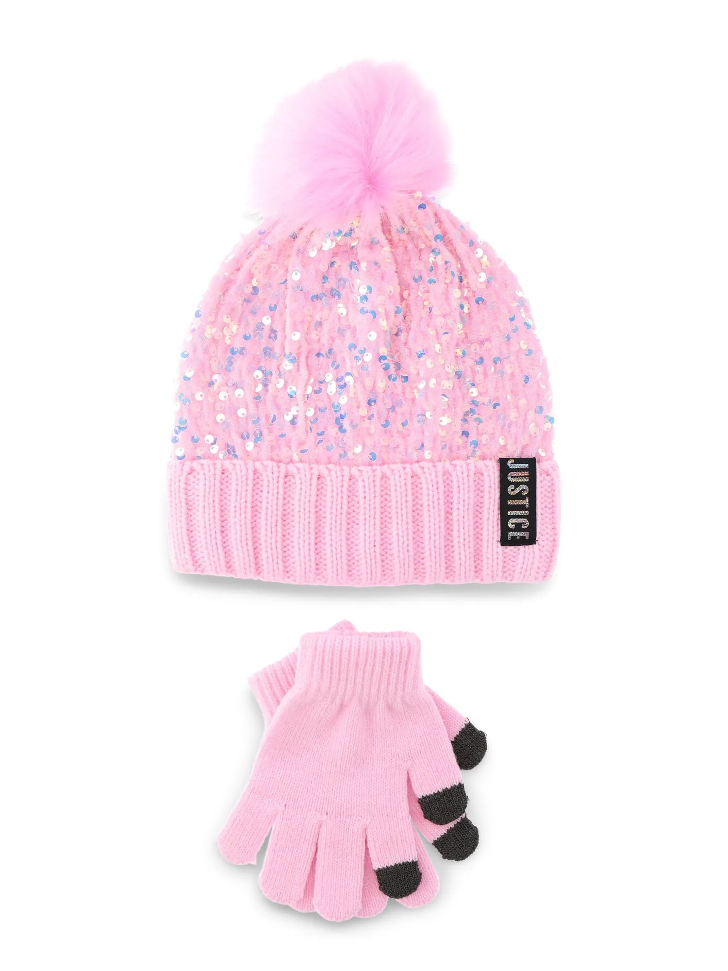Justice Girls Sequin Beanie Hat with Pom and Gloves, 2-Piece Set, Pink