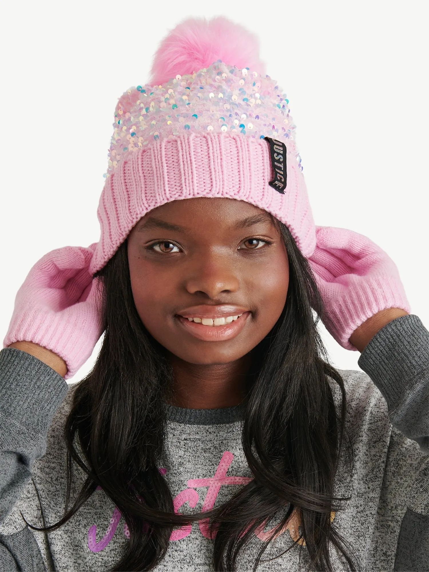 Justice Girls Sequin Beanie Hat with Pom and Gloves, 2-Piece Set, Pink