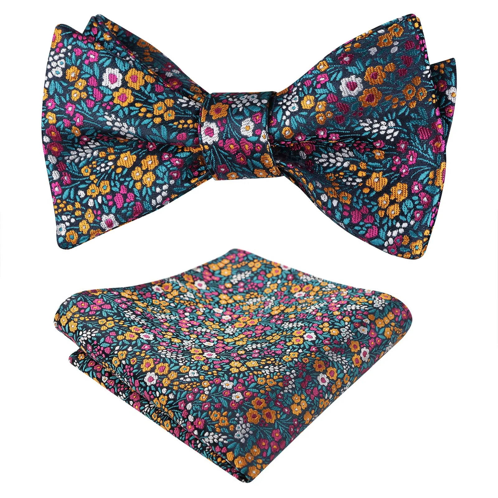 Men's Self-tied Floral Pattern Bow Tie with Colorful Pocket Square Tie Set-045