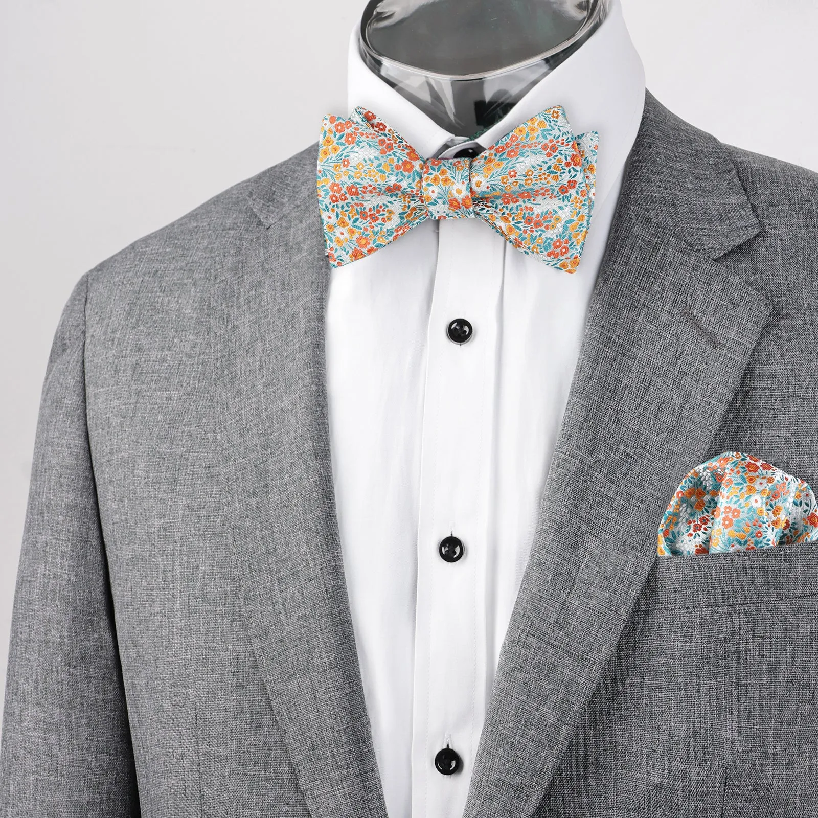 Men's Self-tied Floral Pattern Bow Tie with Colorful Pocket Square Tie Set-045