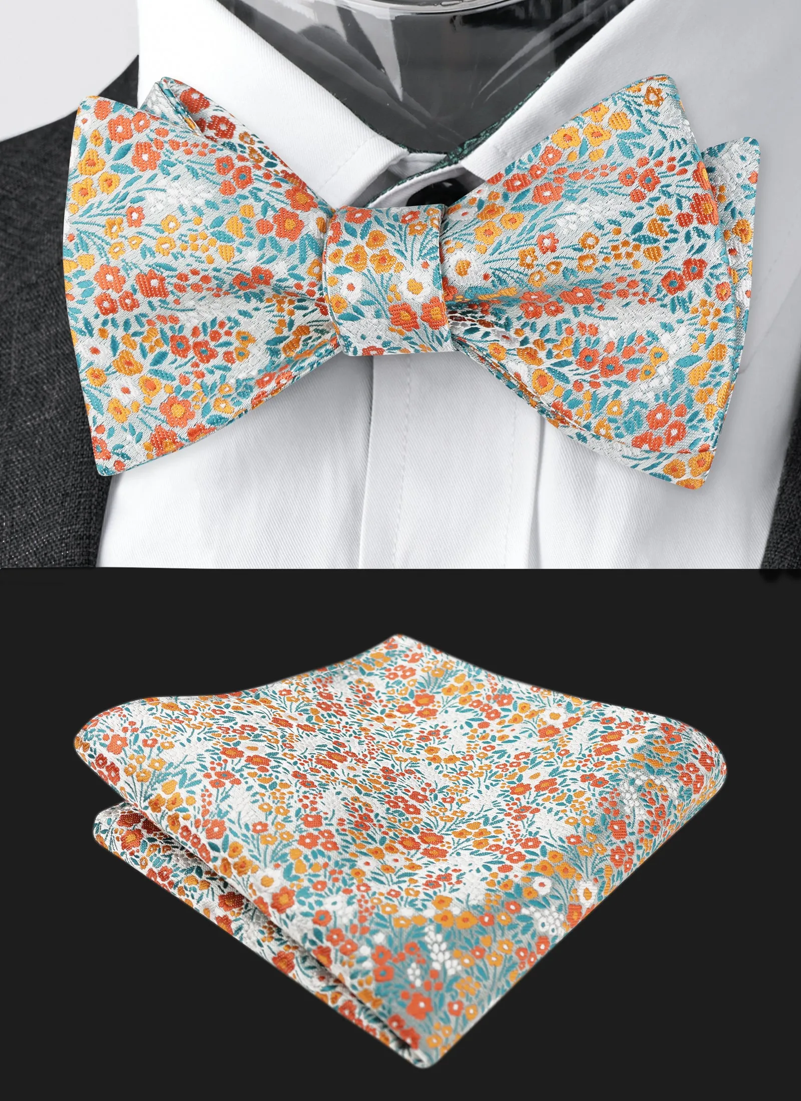 Men's Self-tied Floral Pattern Bow Tie with Colorful Pocket Square Tie Set-045