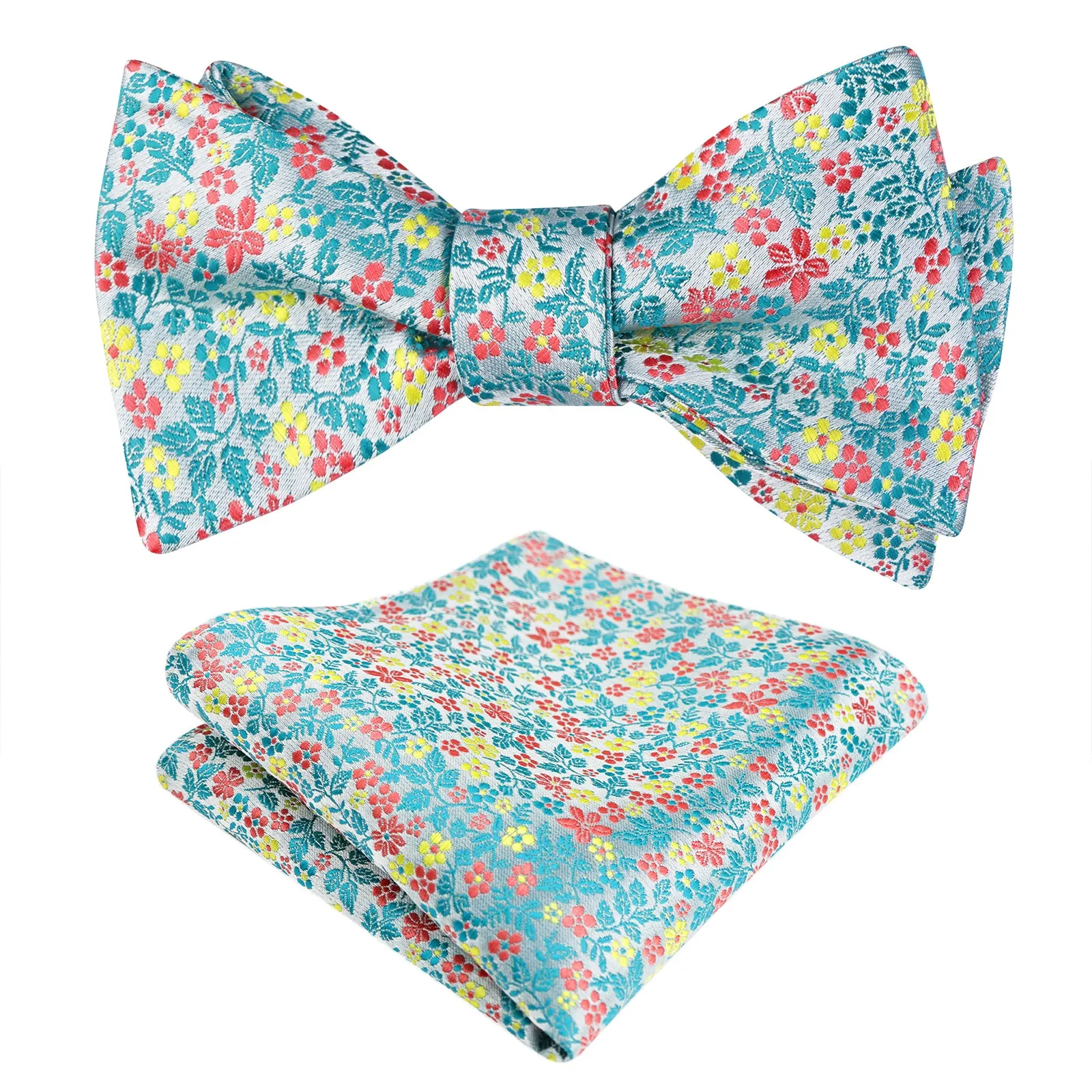 Men's Self-tied Floral Pattern Bow Tie with Colorful Pocket Square Tie Set-045