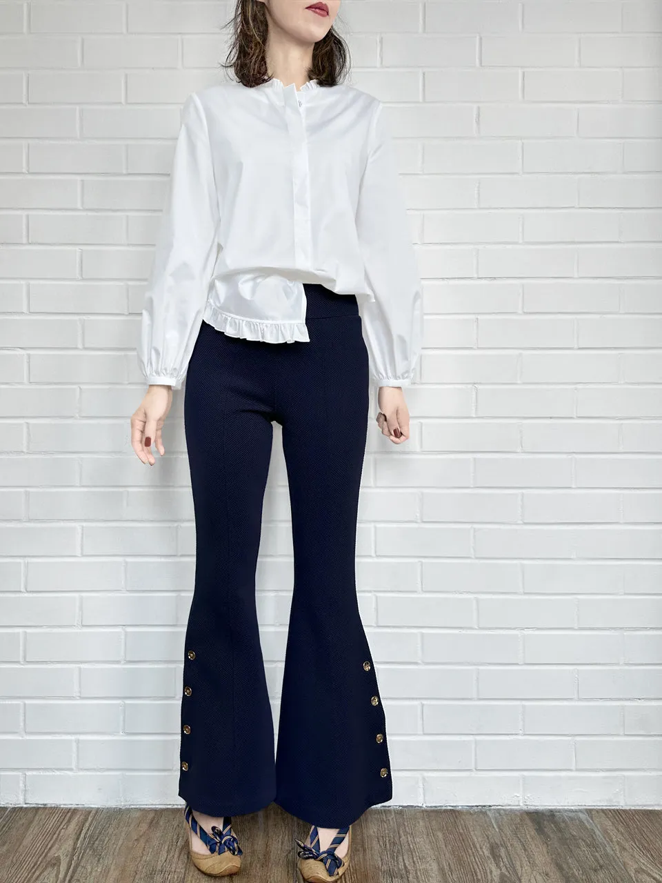 White Slits Detailed Balloon Sleeves Ruffled Longline Shirt